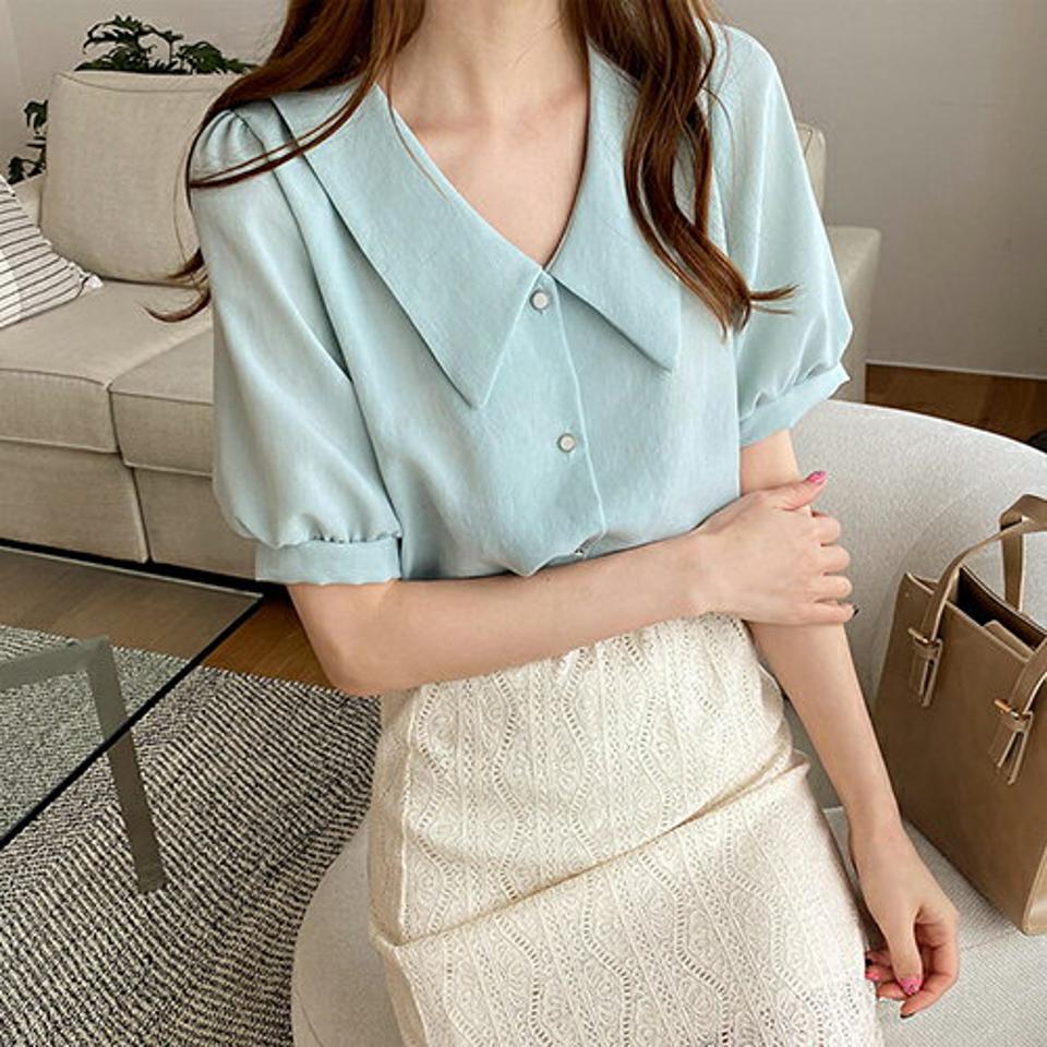 パステルカラーパフブラウス・全5色・t67903 レディース 【bl】 トップス ブラウス 半袖 ハーフスリーブ パステル 単色 無地 シンプル かわいい 可愛い 春 夏 韓国 ファッション ハイホリHIHOLLI