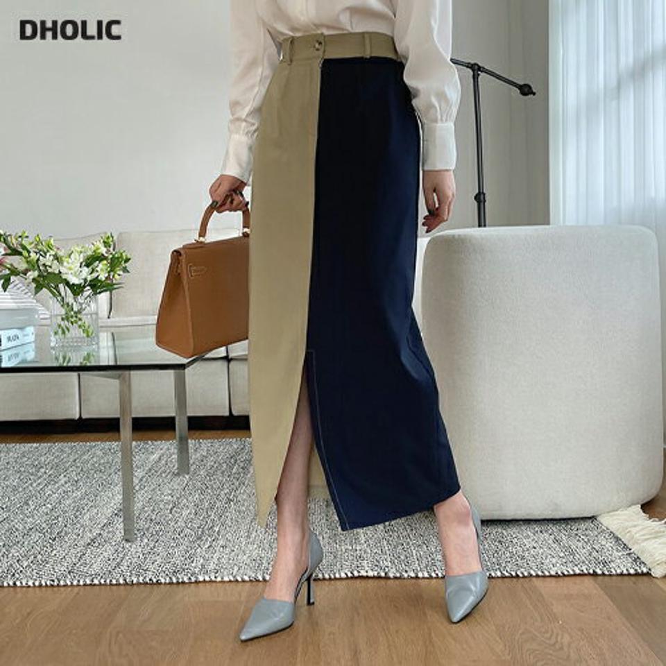 配色スリットスカート・全2色・t67893 レディース 【sk】【スカート ロング ロングスカート スリット 配色 カジュアル メリハリ 春 秋 韓国 ファッション】【ハイホリHIHOLLI】