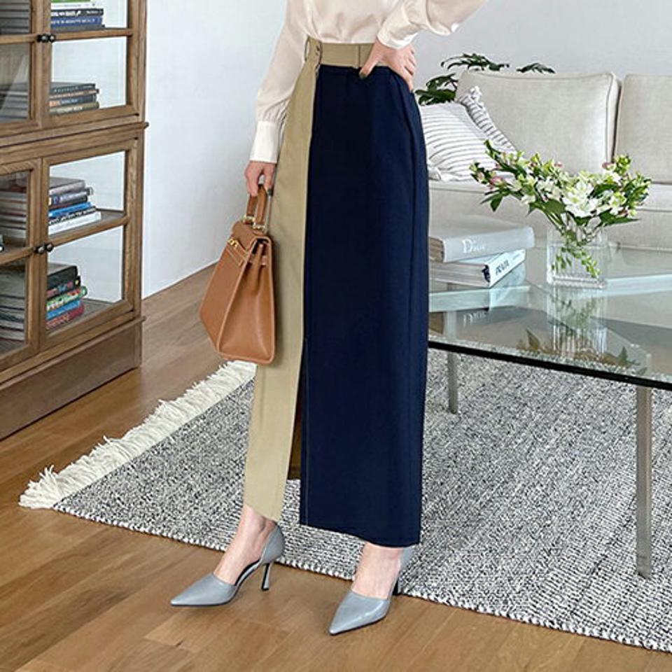 配色スリットスカート・全2色・t67893 レディース 【sk】【スカート ロング ロングスカート スリット 配色 カジュアル メリハリ 春 秋 韓国 ファッション】【ハイホリHIHOLLI】