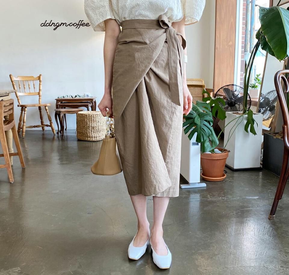 ラップスリムスカート・全2色・b61905 レディース 【sk】【韓国 ファッション ボトムス スカート ロング ロングスカート リネン ラップ スリム Hライン 体型カバー 細身 カジュアル ベーシック フェミニン 夏 春】