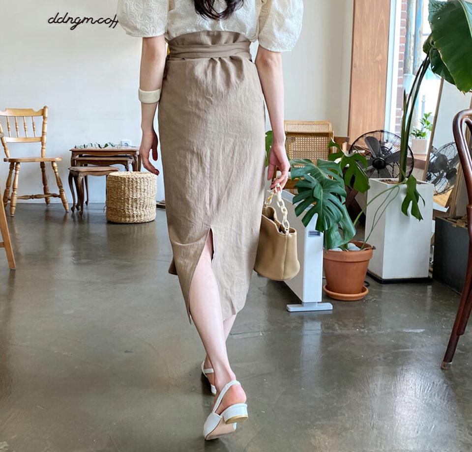 ラップスリムスカート・全2色・b61905 レディース 【sk】【韓国 ファッション ボトムス スカート ロング ロングスカート リネン ラップ スリム Hライン 体型カバー 細身 カジュアル ベーシック フェミニン 夏 春】