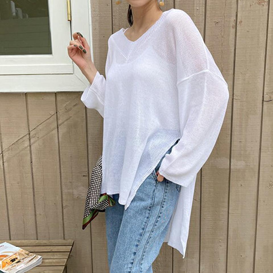 アンバランススリットVネックニット・全4色・t67905 レディース 【tops】【トップス ニット ニットトップス Vネック 長袖 スリット アンバランス 単色 無地 シンプル カジュアル ロング丈 ゆったり 韓国 ファッション】【ハイホリHIHOLLI】