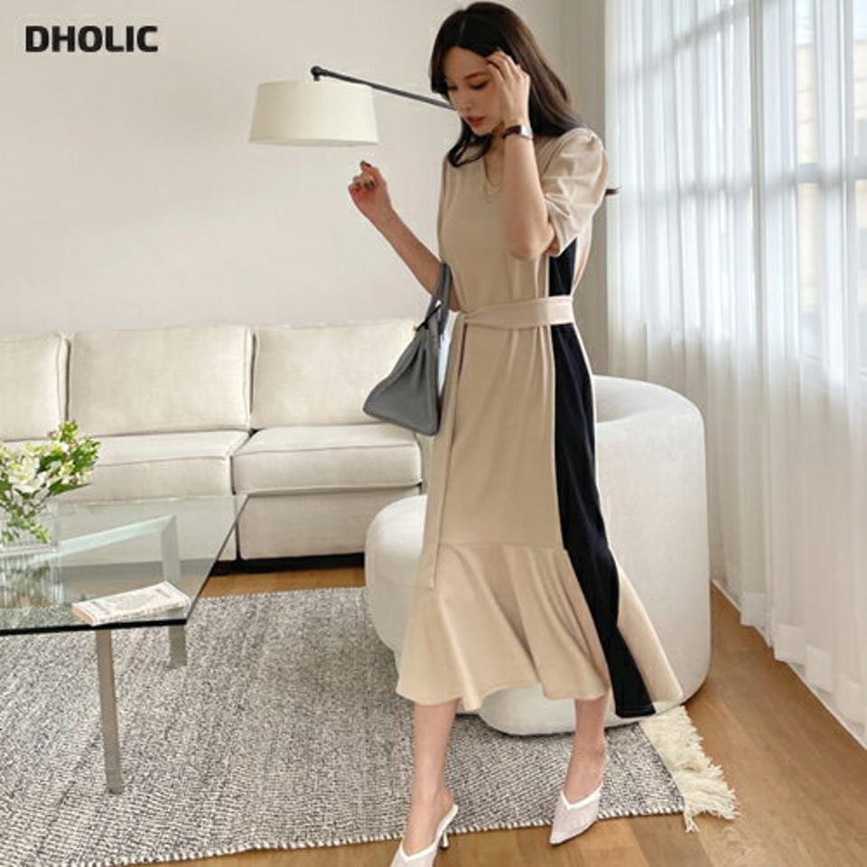 【10%OFF】≪人気商品再入荷≫ストラップ付配色ワンピース・全2色・t67883 レディース 【ops】 ワンピース ロングワンピース 半袖 ストラップ 配色 大人 モダン 春 夏 韓国ファッション ハイホリHIHOLLI opsセール