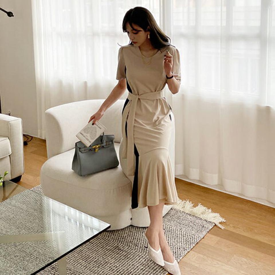 【10%OFF】≪人気商品再入荷≫ストラップ付配色ワンピース・全2色・t67883 レディース 【ops】 ワンピース ロングワンピース 半袖 ストラップ 配色 大人 モダン 春 夏 韓国ファッション ハイホリHIHOLLI opsセール