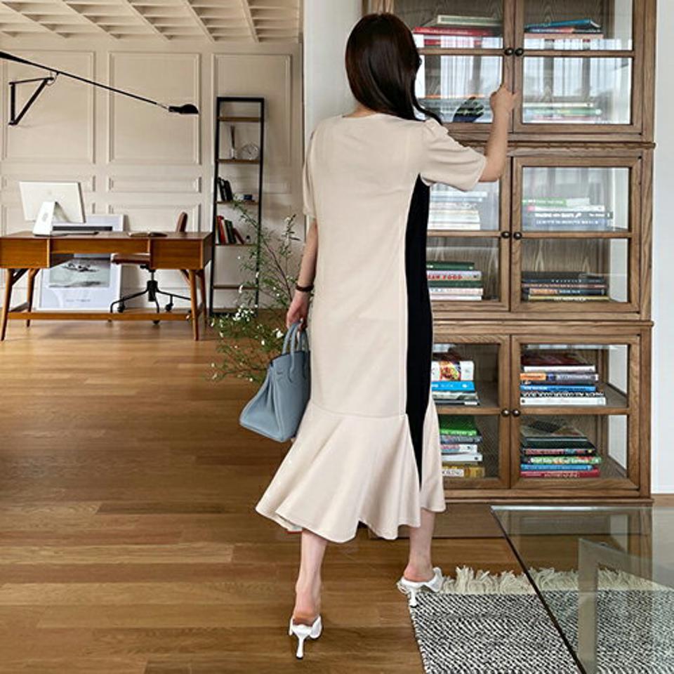 【10%OFF】≪人気商品再入荷≫ストラップ付配色ワンピース・全2色・t67883 レディース 【ops】 ワンピース ロングワンピース 半袖 ストラップ 配色 大人 モダン 春 夏 韓国ファッション ハイホリHIHOLLI opsセール