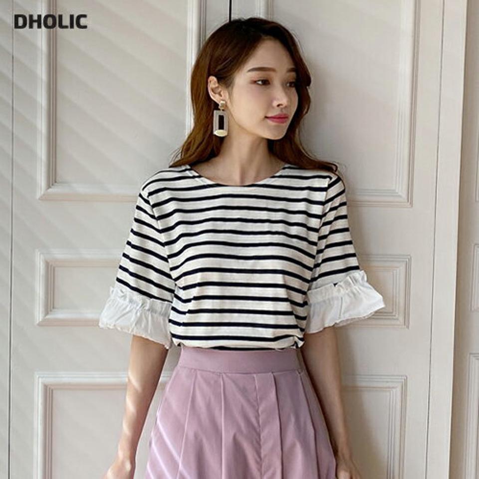 ボーダーフリルスリーブTシャツ・全2色・t67902 レディース 【tops】【トップス Tシャツ 半袖 ハーフスリーブ ボーダー柄 フリル カジュアル かわいい 可愛い 春 夏 韓国 ファッション】【ハイホリHIHOLLI】