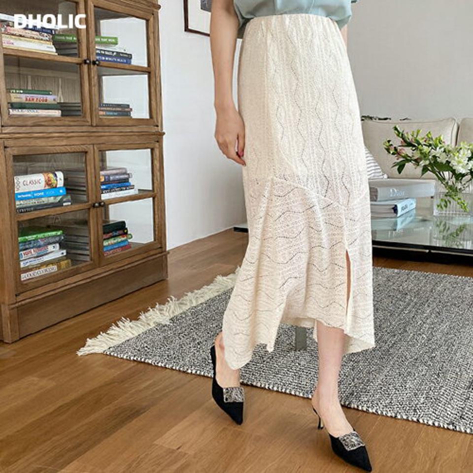 パンチングラインスリットスカート・全4色・67864 レディース 【sk】【スカート ロング ロングスカート スリット パンチング アンバランス フェミニン 大人 ウエストゴム 春 夏 秋 韓国 ファッション】【ハイホリHIHOLLI】