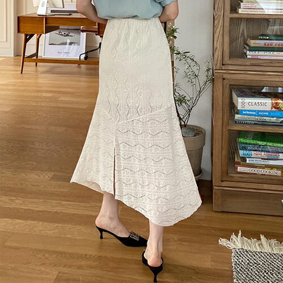 パンチングラインスリットスカート・全4色・67864 レディース 【sk】【スカート ロング ロングスカート スリット パンチング アンバランス フェミニン 大人 ウエストゴム 春 夏 秋 韓国 ファッション】【ハイホリHIHOLLI】