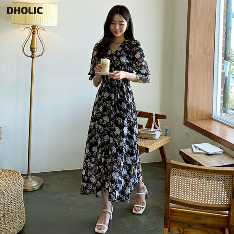 シャーリング花柄シフォンワンピース・全2色・e61885 レディース 【ops】【韓国 ファッション ワンピース ロング ロングワンピース 半袖 花柄 フラワー パターン シフォン シャーリング フリル Vネック スリム フェミニン 細身 体型カバー 夏 春】