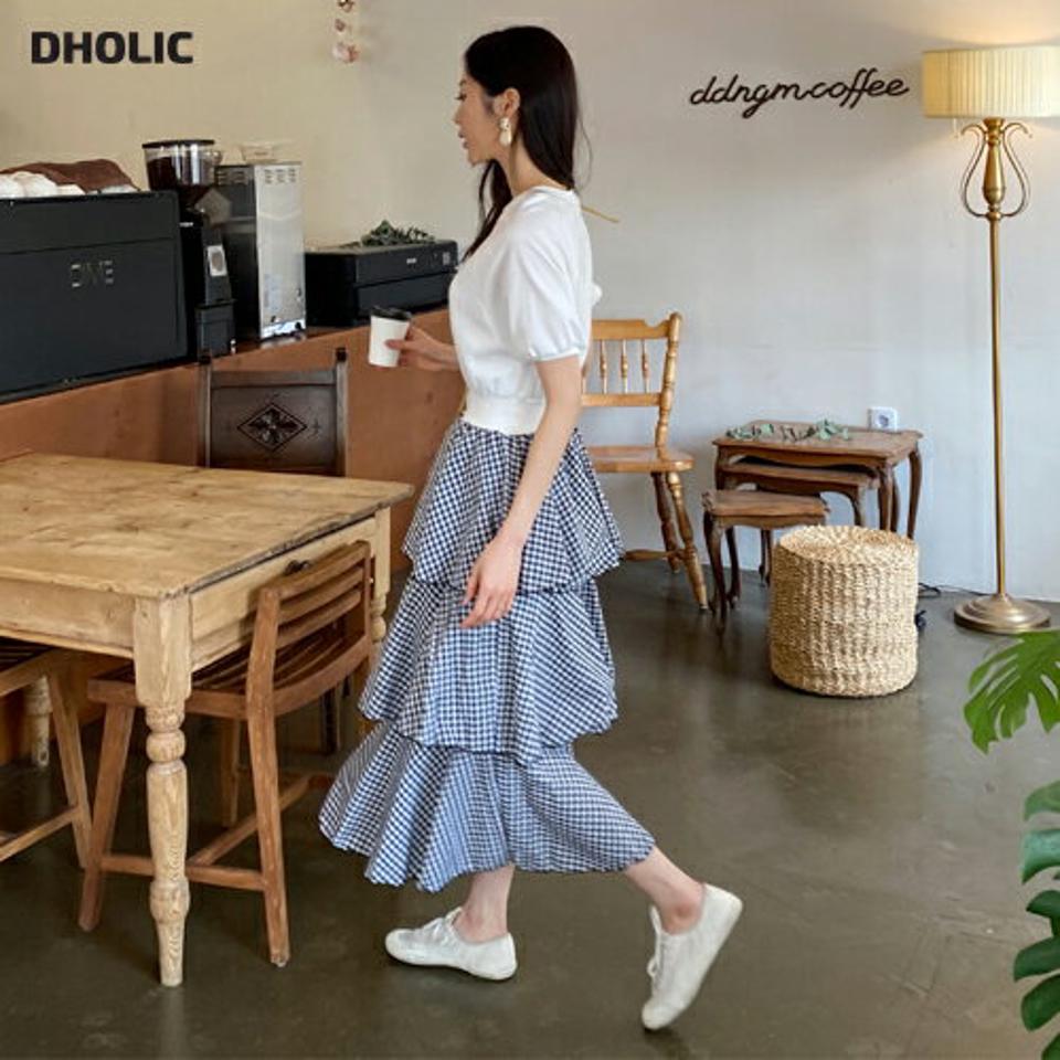 チェック配色ワンピース・全2色・b61884 レディース 【ops】 韓国ファッション ワンピース ロング ロングワンピース 半袖 チェック柄 コントラスト スウェット ラウンドネック ハーフスリーブ ティアード スリム フェミニン 細身 体型カバー 夏 春