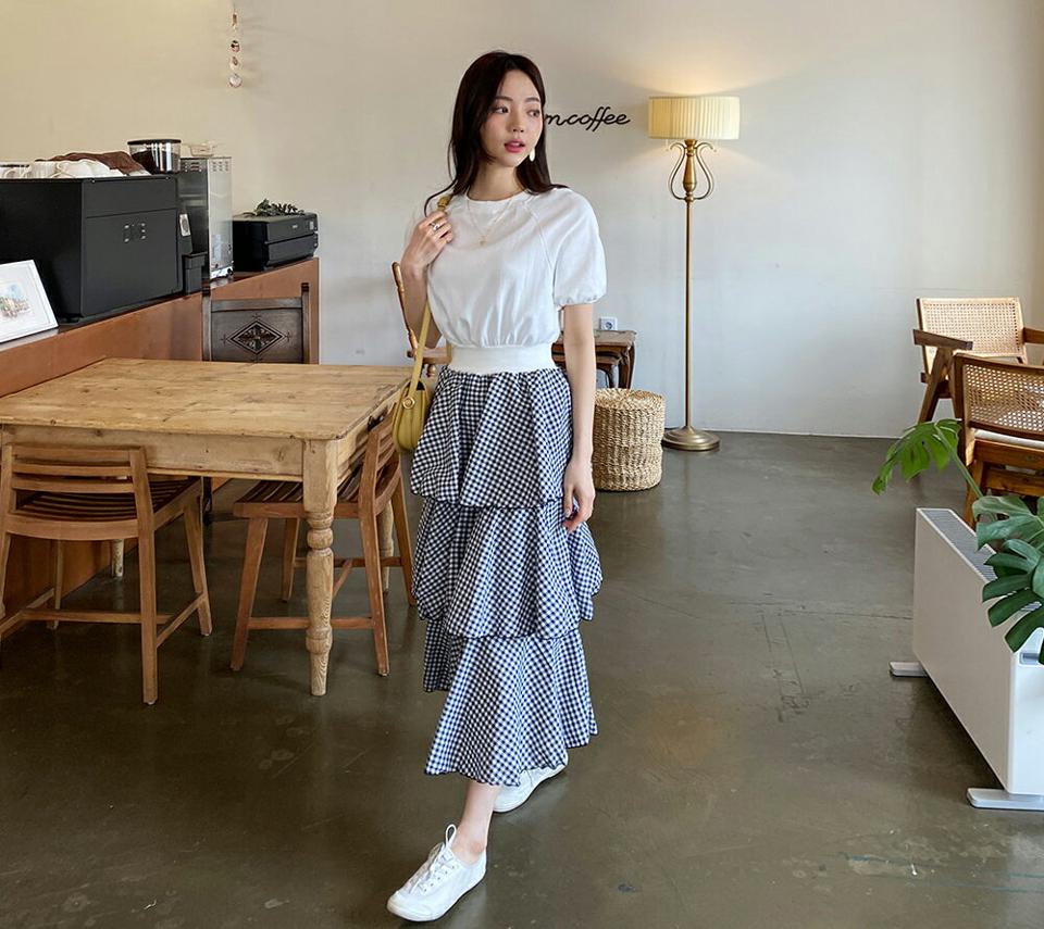 チェック配色ワンピース・全2色・b61884 レディース 【ops】 韓国ファッション ワンピース ロング ロングワンピース 半袖 チェック柄 コントラスト スウェット ラウンドネック ハーフスリーブ ティアード スリム フェミニン 細身 体型カバー 夏 春