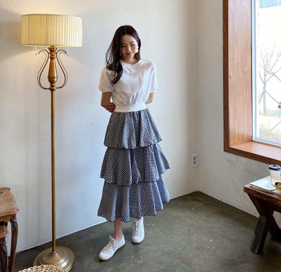 チェック配色ワンピース・全2色・b61884 レディース 【ops】 韓国ファッション ワンピース ロング ロングワンピース 半袖 チェック柄 コントラスト スウェット ラウンドネック ハーフスリーブ ティアード スリム フェミニン 細身 体型カバー 夏 春