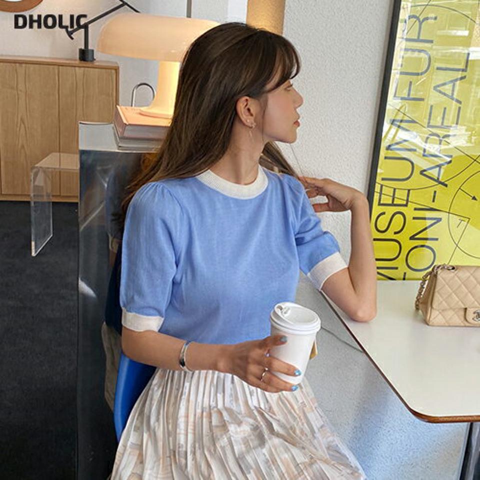 配色へムパフニット・全5色・t63351 レディース 【tops】 韓国 ファッション トップス ニット 半袖 カジュアル 配色 ラウンドネック ギャザー 5分丈 パフスリーブ フィット 細身 体型カバー スリム フェミニン ベーシック 夏 春