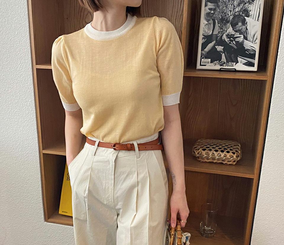 配色へムパフニット・全5色・t63351 レディース 【tops】 韓国 ファッション トップス ニット 半袖 カジュアル 配色 ラウンドネック ギャザー 5分丈 パフスリーブ フィット 細身 体型カバー スリム フェミニン ベーシック 夏 春
