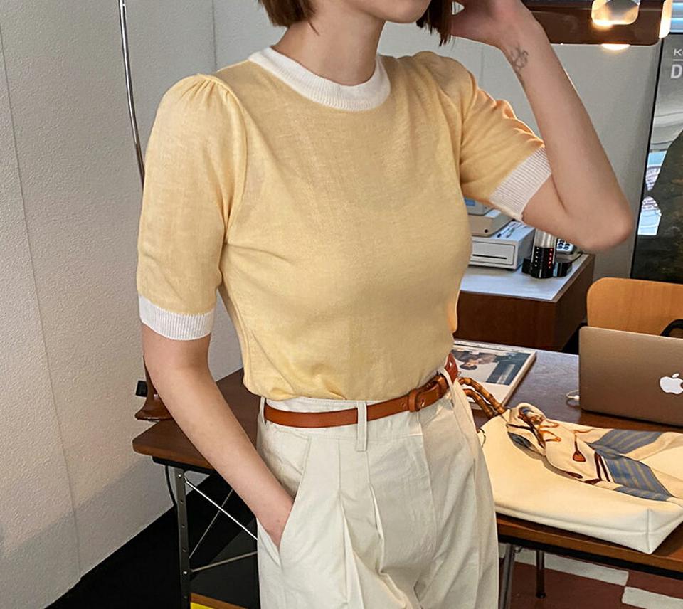 配色へムパフニット・全5色・t63351 レディース 【tops】 韓国 ファッション トップス ニット 半袖 カジュアル 配色 ラウンドネック ギャザー 5分丈 パフスリーブ フィット 細身 体型カバー スリム フェミニン ベーシック 夏 春