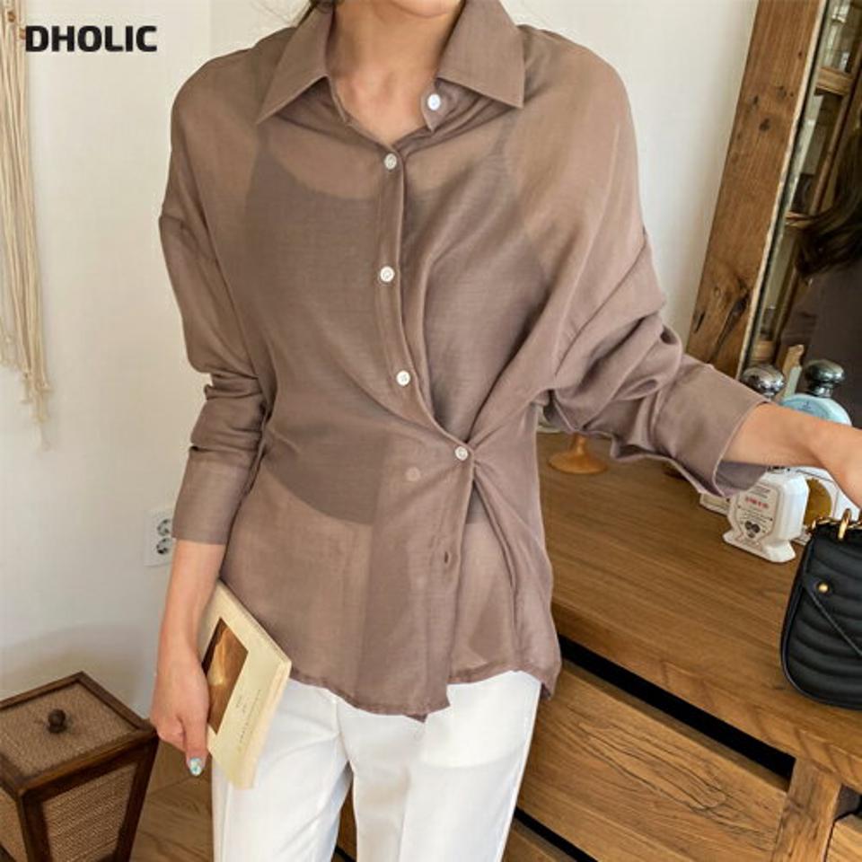 2WAYボタンシアーシャツ・全4色・t63395 レディース 【bl】 韓国 ファッション トップス シャツ 長袖 シースルー ラップ風 透け感 フェミニン 上品 レディースシャツ 体型カバー 細身 夏 春