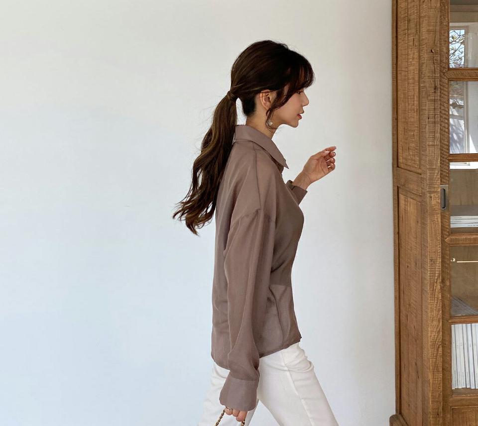 2WAYボタンシアーシャツ・全4色・t63395 レディース 【bl】 韓国 ファッション トップス シャツ 長袖 シースルー ラップ風 透け感 フェミニン 上品 レディースシャツ 体型カバー 細身 夏 春