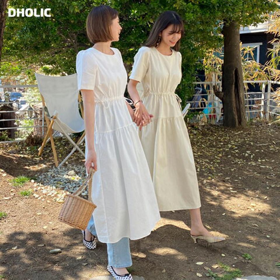 ドロストハーフスリーブワンピース・全3色・t63393 レディース 【ops】【韓国 ファッション ワンピース ロング ロングワンピース 半袖 ウエストストリング フィット調節 フレア ギャザー ハーフスリーブ ラウンドネック 細身 体型カバー 夏 春】