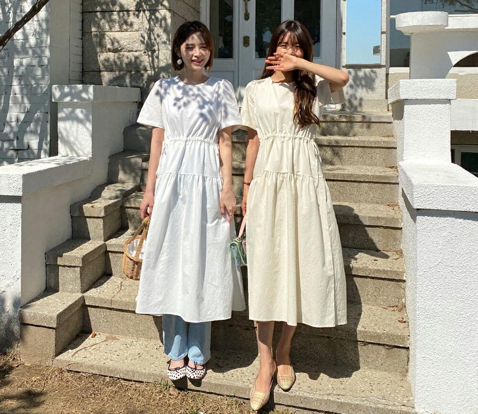 ドロストハーフスリーブワンピース・全3色・t63393 レディース 【ops】【韓国 ファッション ワンピース ロング ロングワンピース 半袖 ウエストストリング フィット調節 フレア ギャザー ハーフスリーブ ラウンドネック 細身 体型カバー 夏 春】