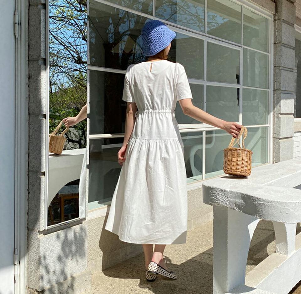 ドロストハーフスリーブワンピース・全3色・t63393 レディース 【ops】【韓国 ファッション ワンピース ロング ロングワンピース 半袖 ウエストストリング フィット調節 フレア ギャザー ハーフスリーブ ラウンドネック 細身 体型カバー 夏 春】