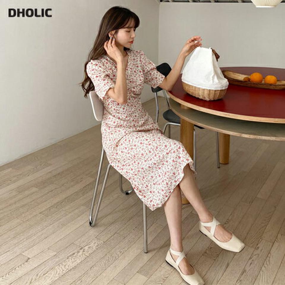 Vネックリボン花柄ワンピース・全4色・t63375 レディース 【ops】 韓国 ファッション ワンピース ロング ロングワンピース 半袖 Vネック 花柄 フラワー パターン フローラル ギャザー リボン 細身 体型カバー フェミニン 花見 夏 春