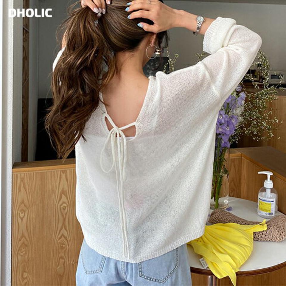 Vネックバックリボンニット・全4色・t63355 レディース 【tops】【韓国 ファッション トップス ニット 長袖 カジュアル バックリボン Vネック リボン デコルテ ルーズ ゆったり 透け感 ビーチトップス 細身 体型カバー スリム フェミニン 夏 春】