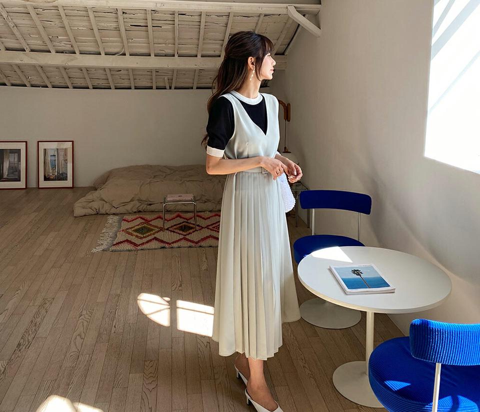 【全品10%OFF】ベルト付Vネックプリーツワンピース・全5色・t63374 レディース 【ops】【韓国 ファッション ワンピース ロング ロングワンピース Vネック スリーブレス ノースリーブ プリーツ ベルト セット ルーズ ゆったり 細身 体型カバー 夏 春】