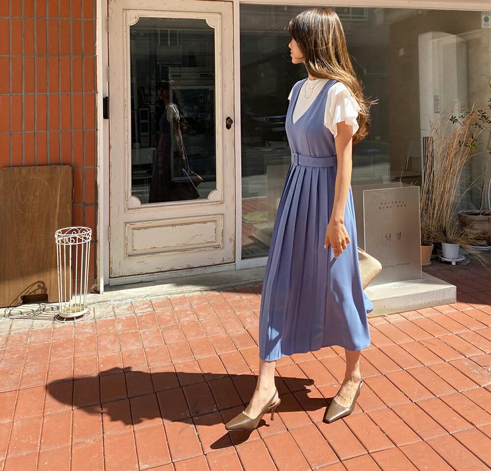 【全品10%OFF】ベルト付Vネックプリーツワンピース・全5色・t63374 レディース 【ops】【韓国 ファッション ワンピース ロング ロングワンピース Vネック スリーブレス ノースリーブ プリーツ ベルト セット ルーズ ゆったり 細身 体型カバー 夏 春】