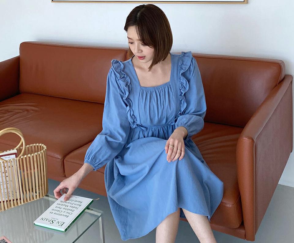 ストラップ付スクエアフリルワンピース・全2色・e63363 レディース 【ops】【韓国 ファッション ワンピース ロング ロングワンピース 長袖 スクエアネック フェミニン ガーリー ストラップ フリル ゴム フレア 細身 体型カバー 夏 春】