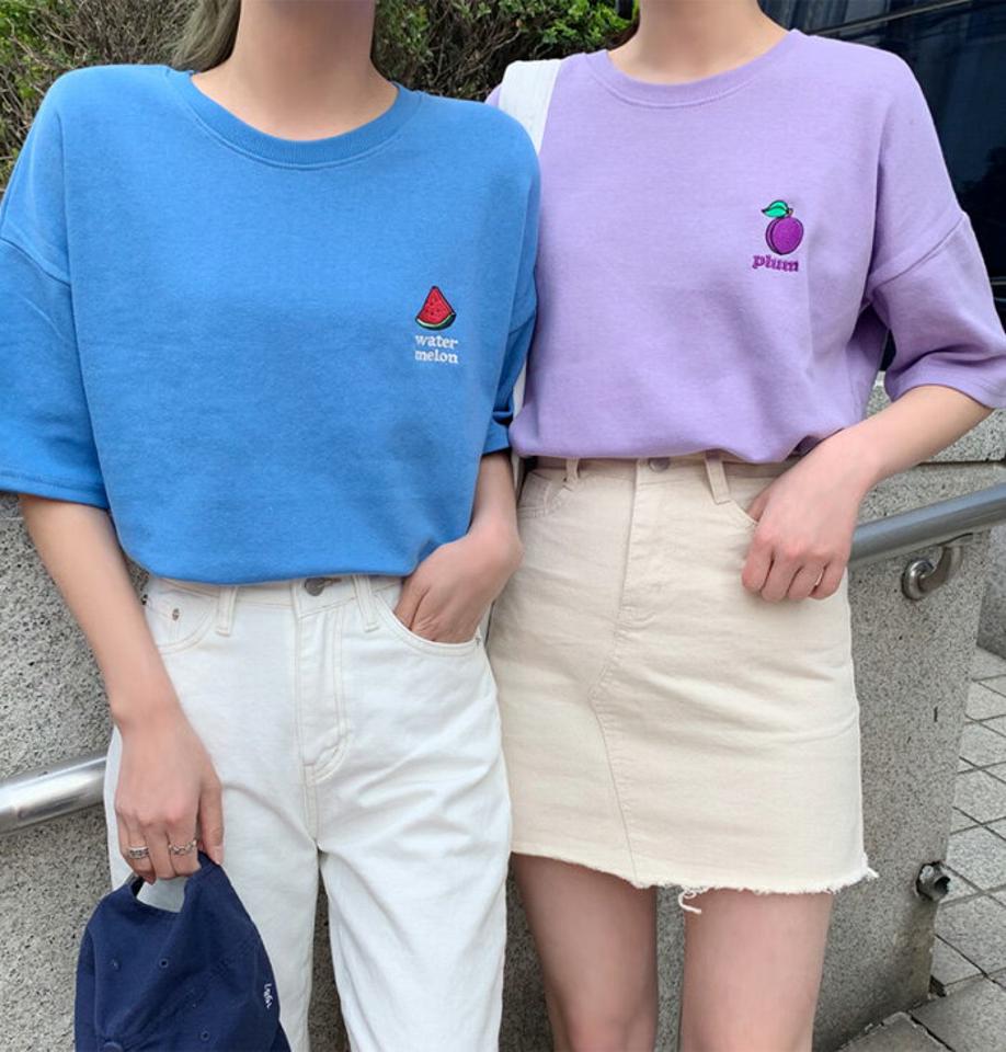 SONYUNARA(ソニョナラ)フルーツパーティーtシャツ【4/15up_ka】韓国 韓国ファッション tシャツ 半袖 刺繍 フルーツ シミラールック 双子コーデ お揃い カジュアル 【送料無料】