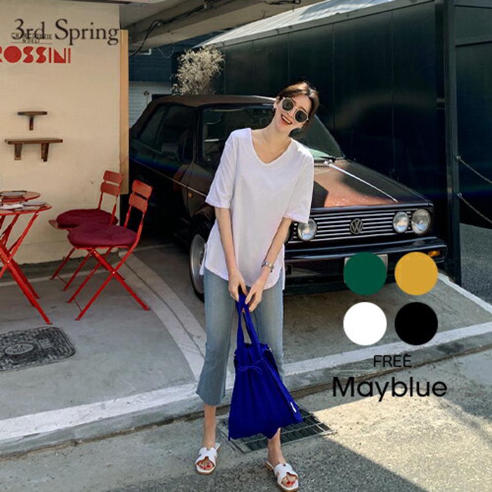 MAYBLUE(メイブルー)バックレタリングアンバランスヘムTシャツ【4/14up_ka】バックポイント　レタリング　メッセージ　Tシャツ　ビッグサイズ　サイドスリット【5】