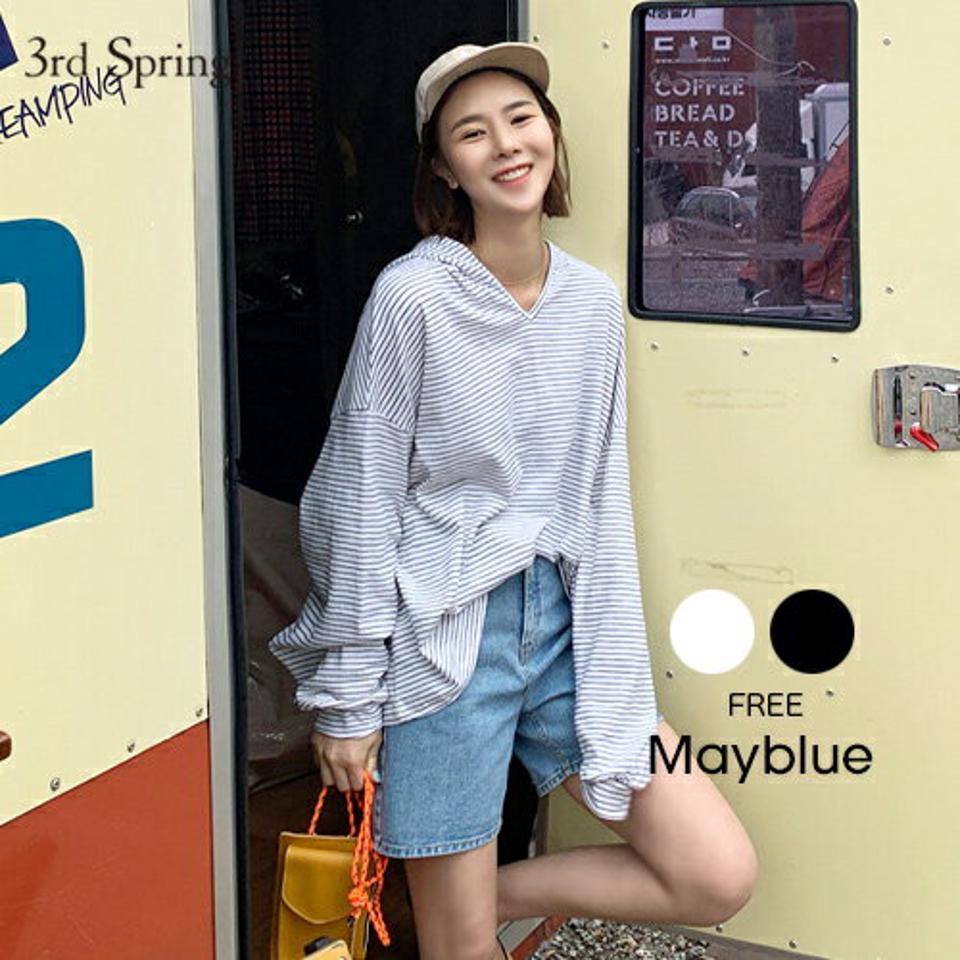 MAYBLUE(メイブルー)ボーダーフーデッドTシャツ【4/14up_ka】ロンT　ボーダー　フード付き　シンプル　ビッグサイズ　細ボーダー　ベーシック【5】