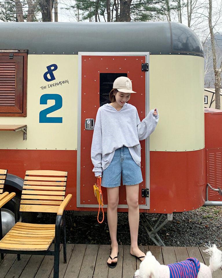 MAYBLUE(メイブルー)ボーダーフーデッドTシャツ【4/14up_ka】ロンT　ボーダー　フード付き　シンプル　ビッグサイズ　細ボーダー　ベーシック【5】