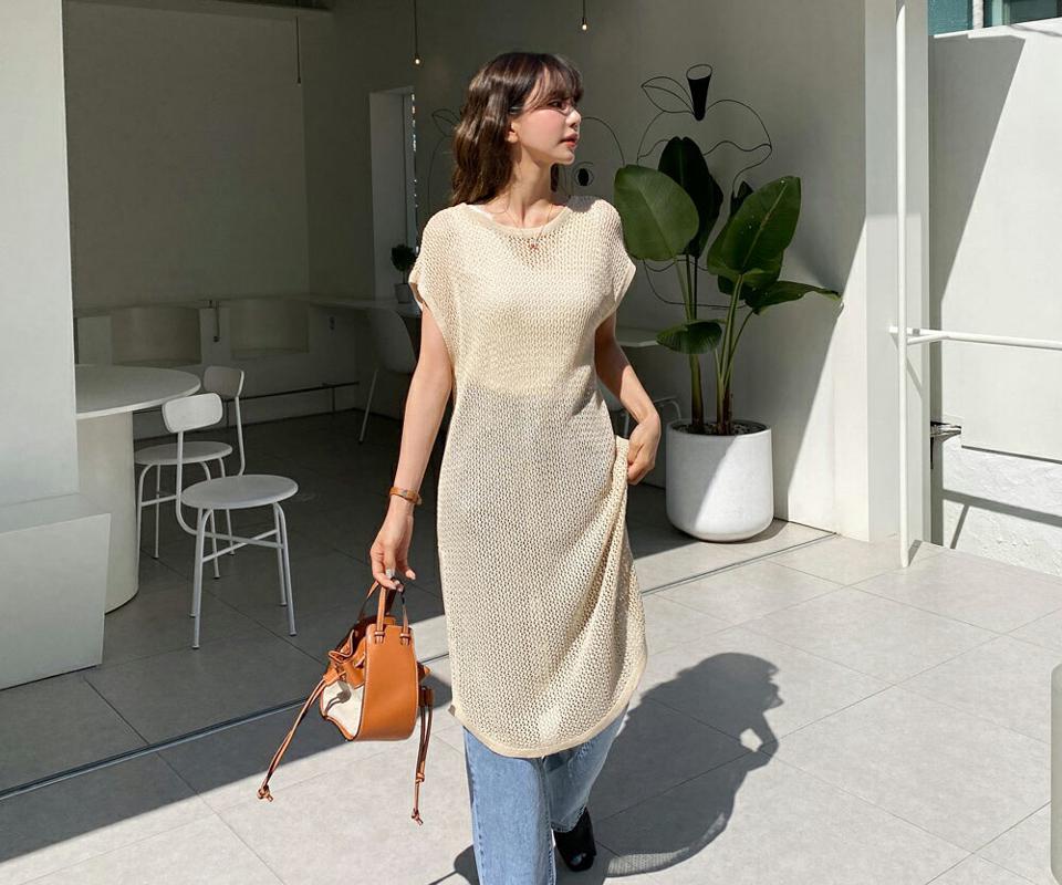 ネットロングニット・全3色・b57224 レディース 【tops】 韓国 ファッション トップス ニット 半袖 カジュアル ラウンドネック ロングニット フレンチスリーブ シアー 透け感 ルーズ ゆったり 細身 体型カバー フェミニン 夏 春