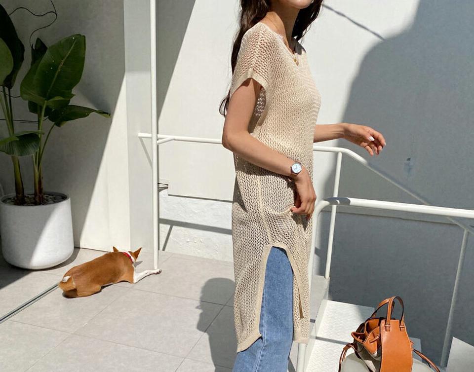 ネットロングニット・全3色・b57224 レディース 【tops】 韓国 ファッション トップス ニット 半袖 カジュアル ラウンドネック ロングニット フレンチスリーブ シアー 透け感 ルーズ ゆったり 細身 体型カバー フェミニン 夏 春