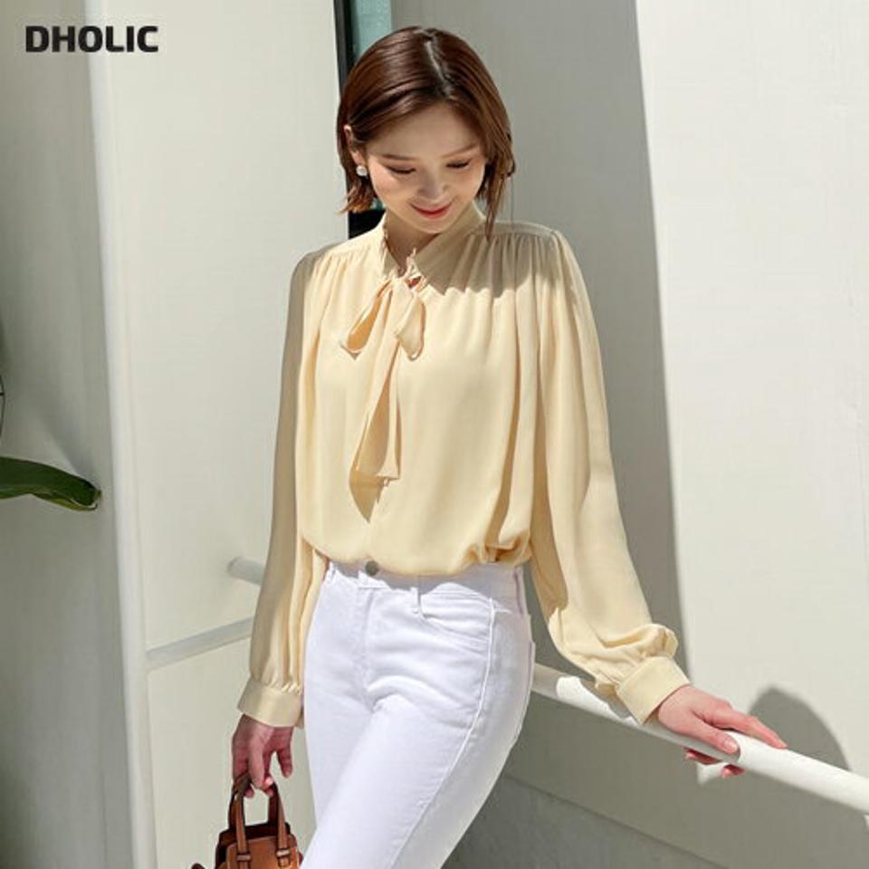 ネックリボンプブラウス・全5色・b57242 レディース 【bl】【韓国 ファッション トップス ブラウス 長袖 ネックリボン リボン オフィス オフィスカジュアル OL ギャザー 細身 フェミニン 上品 夏 春】