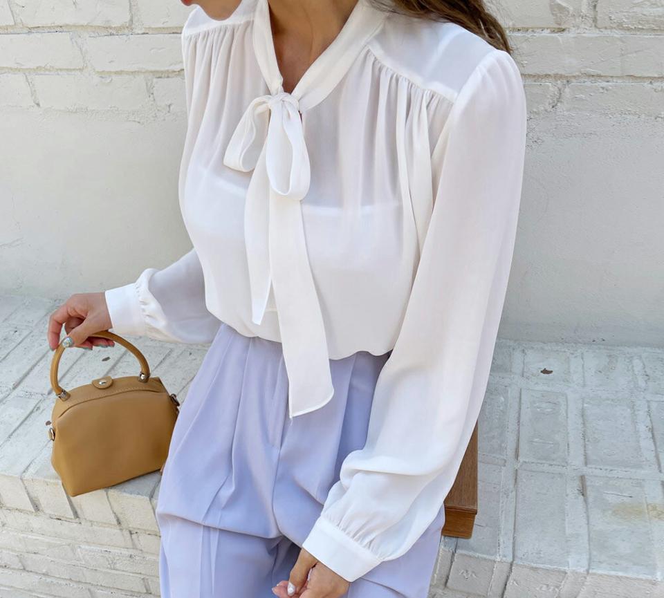 ネックリボンプブラウス・全5色・b57242 レディース 【bl】【韓国 ファッション トップス ブラウス 長袖 ネックリボン リボン オフィス オフィスカジュアル OL ギャザー 細身 フェミニン 上品 夏 春】