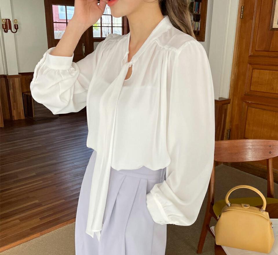 ネックリボンプブラウス・全5色・b57242 レディース 【bl】【韓国 ファッション トップス ブラウス 長袖 ネックリボン リボン オフィス オフィスカジュアル OL ギャザー 細身 フェミニン 上品 夏 春】