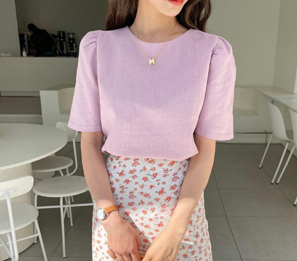 コットンパフブラウス・全4色・t57215 レディース 【bl】 韓国 ファッション トップス ブラウス 半袖 コットン パフスリーブ ラウンドネック ボリューム 体型カバー 細身 フェミニン 上品 夏 春