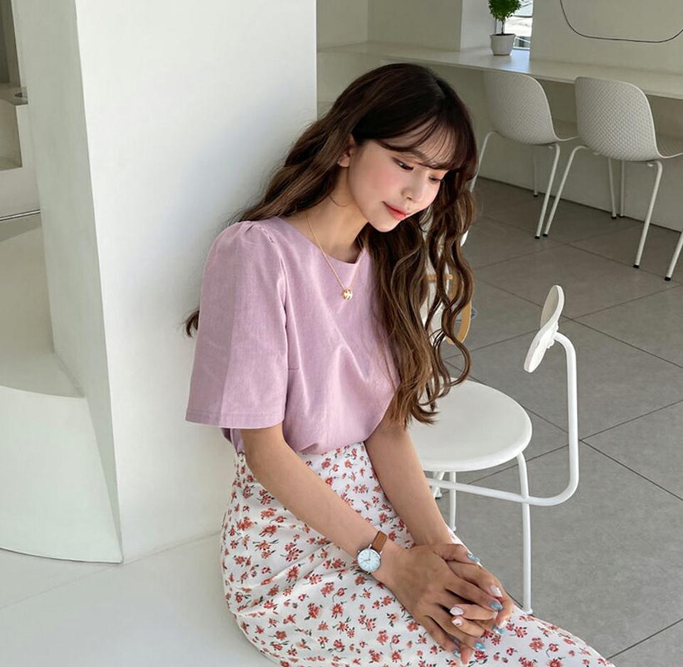 コットンパフブラウス・全4色・t57215 レディース 【bl】 韓国 ファッション トップス ブラウス 半袖 コットン パフスリーブ ラウンドネック ボリューム 体型カバー 細身 フェミニン 上品 夏 春