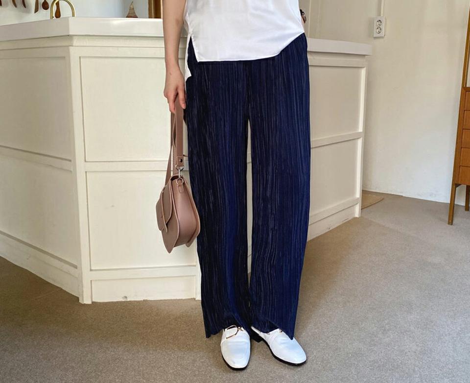 ウエストゴムプリーツパンツ・全4色・b57231 レディース 【pt】【韓国 ファッション ボトムス ロング ロングパンツ ボリューム ワイドパンツ ラクちん プリーツ ワイド 光沢 ゴム 美脚 体型カーバー 10分丈 十分丈 夏 春】