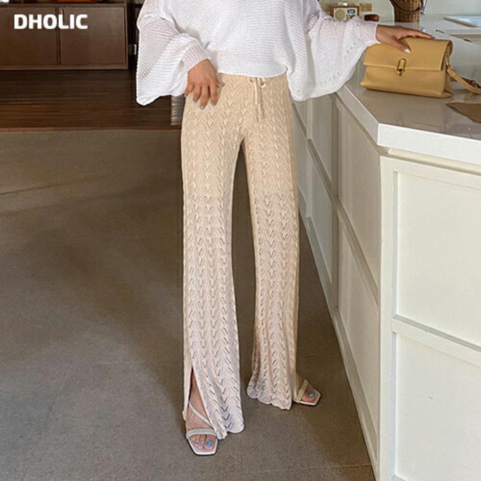 ニットスリットロングパンツ・全2色・b57233 レディース 【pt】【韓国 ファッション ボトムス ロング ロングパンツ ニットパンツ パターン ゴム ストリング スリム フィット 美脚 体型カーバー 10分丈 十分丈 夏 春】