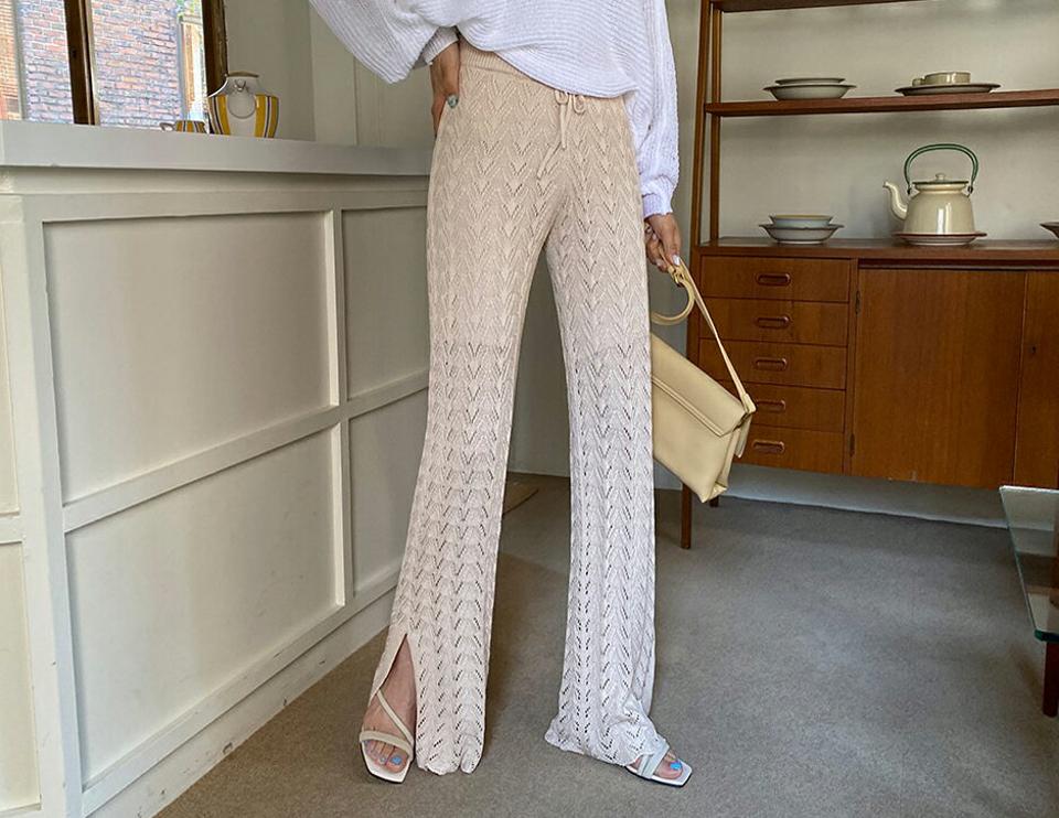 ニットスリットロングパンツ・全2色・b57233 レディース 【pt】【韓国 ファッション ボトムス ロング ロングパンツ ニットパンツ パターン ゴム ストリング スリム フィット 美脚 体型カーバー 10分丈 十分丈 夏 春】