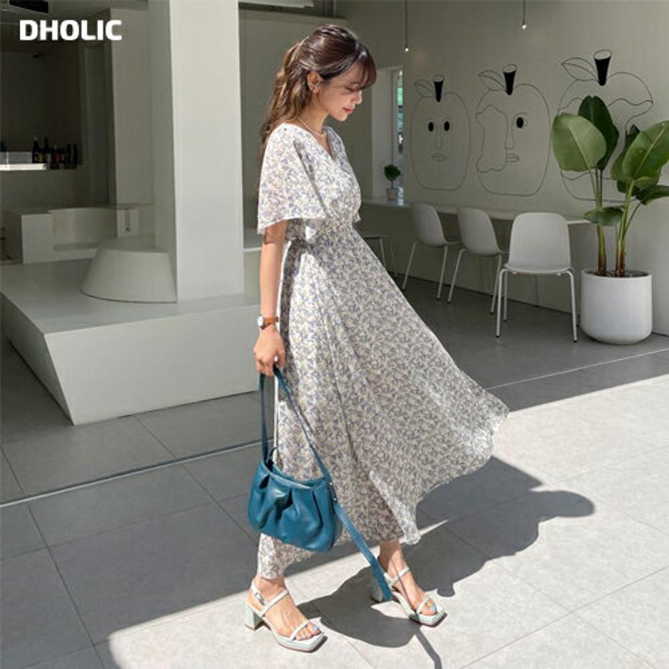 ≪人気商品再入荷≫花柄Vネックリボンプワンピース・全2色・t57244 レディース 【ops】 韓国ファッション ワンピース ロングワンピース 半袖 Vネック 上品 花柄 フラワー 小花柄 シャーリング デコルテ フレア ハーフスリーブ シフォン 夏 春