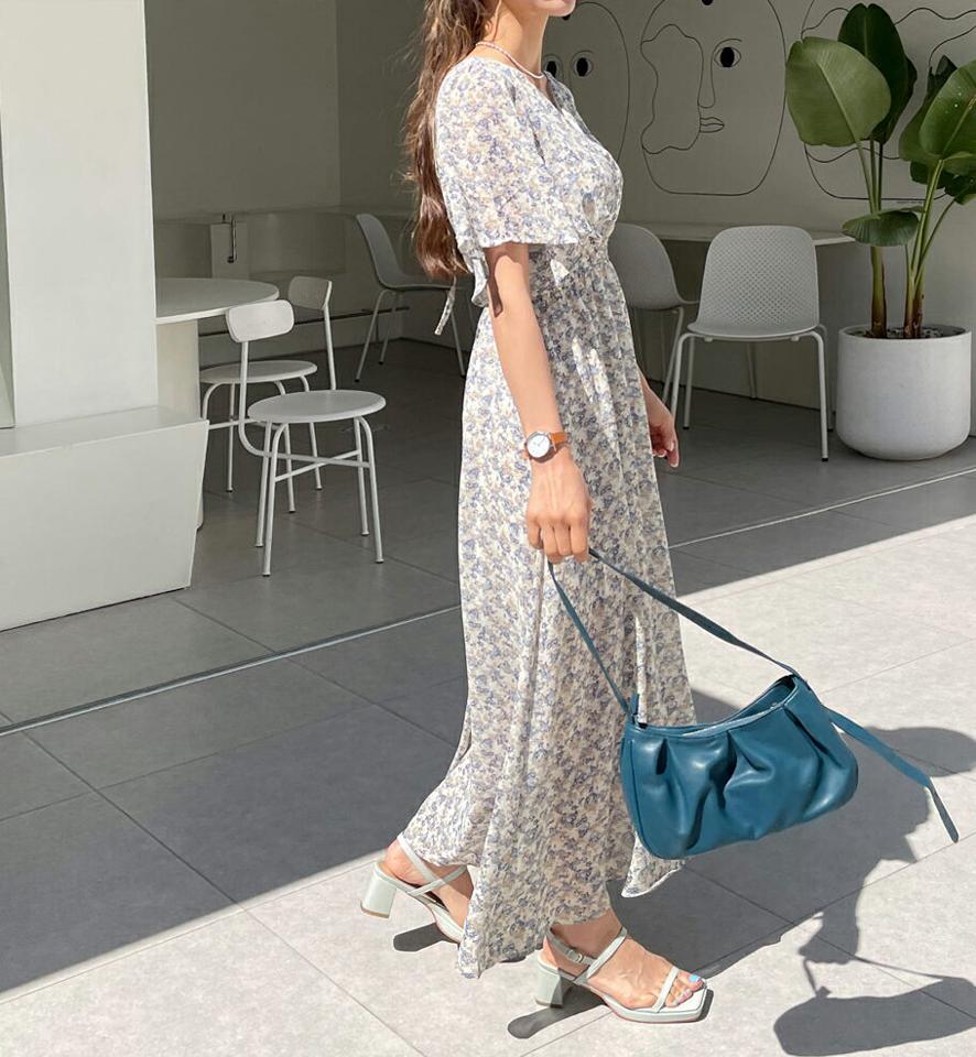 ≪人気商品再入荷≫花柄Vネックリボンプワンピース・全2色・t57244 レディース 【ops】 韓国ファッション ワンピース ロングワンピース 半袖 Vネック 上品 花柄 フラワー 小花柄 シャーリング デコルテ フレア ハーフスリーブ シフォン 夏 春