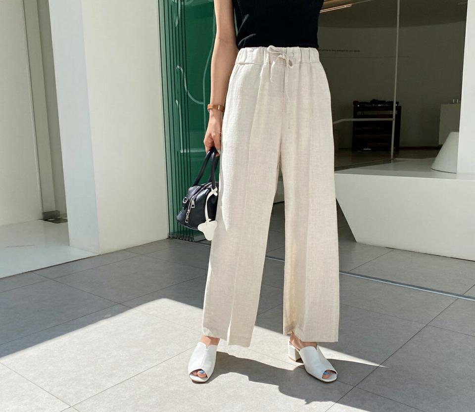 ウエストゴムタックパンツ・全3色・t57232 レディース 【pt】【韓国 ファッション ボトムス ロング ロングパンツ ボリューム ワイド ワイドパンツ スリム ゴム ストリング リネン 美脚 体型カーバー 10分丈 十分丈 夏 春】
