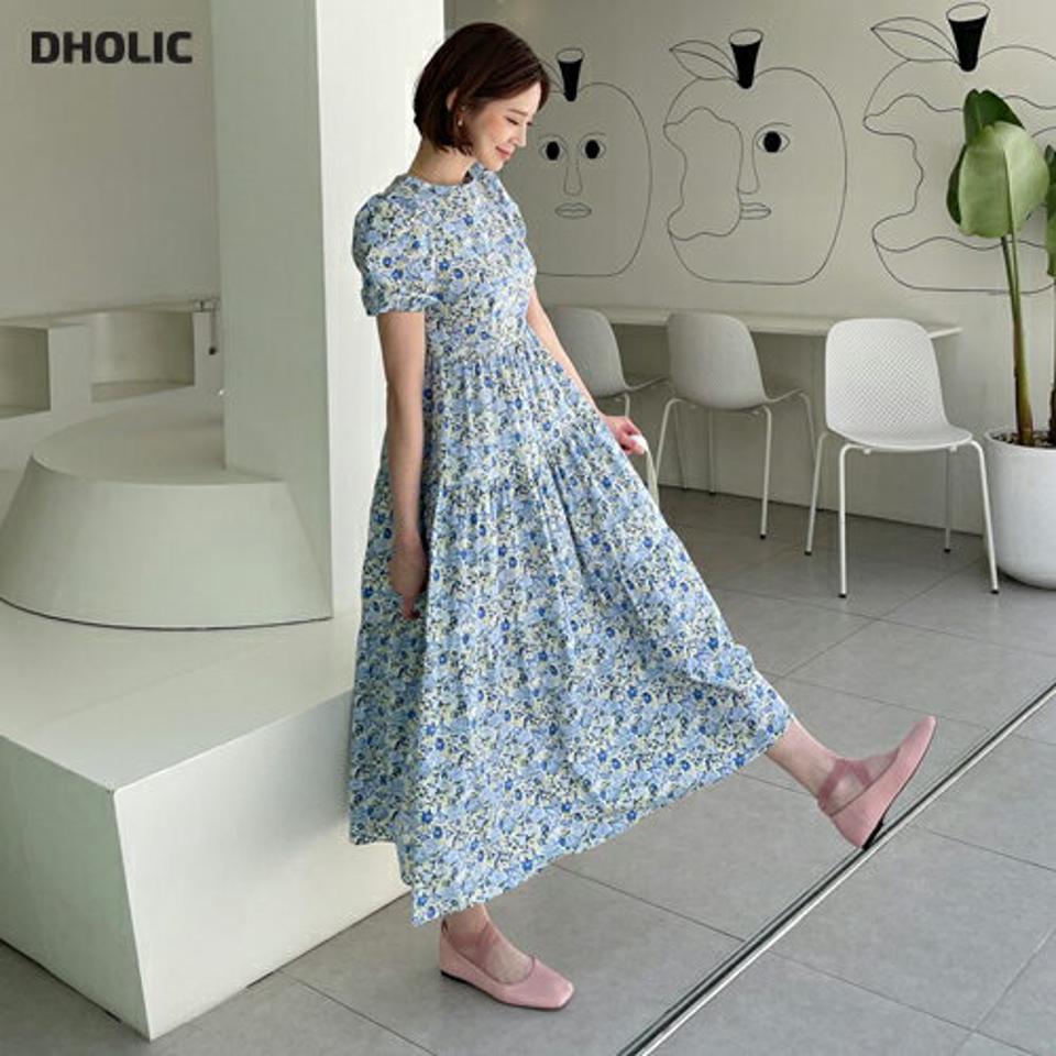 【全品10%OFF】ベルト付フローラルロングワンピース・全2色・b57226 レディース 【ops】【韓国 ファッション ワンピース ロング ロングワンピース 半袖 ラウンドネック ベルトセット 花柄 フラワー パターン 小花柄 フレア ゴム 夏 春】