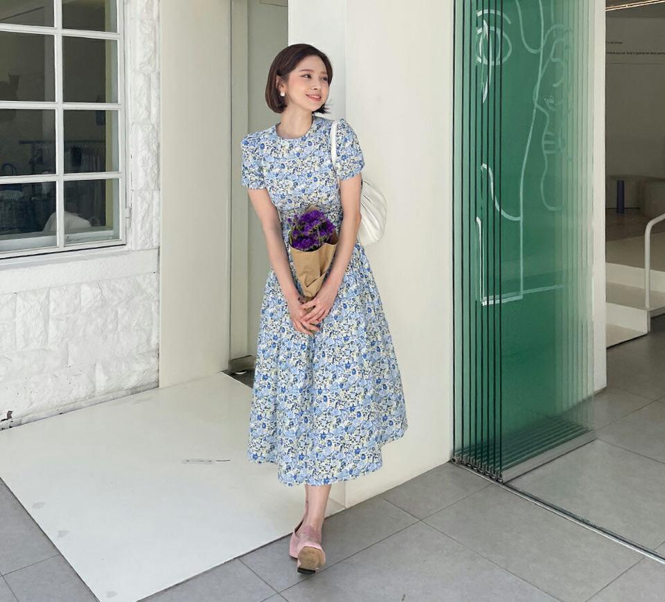 【全品10%OFF】ベルト付フローラルロングワンピース・全2色・b57226 レディース 【ops】【韓国 ファッション ワンピース ロング ロングワンピース 半袖 ラウンドネック ベルトセット 花柄 フラワー パターン 小花柄 フレア ゴム 夏 春】