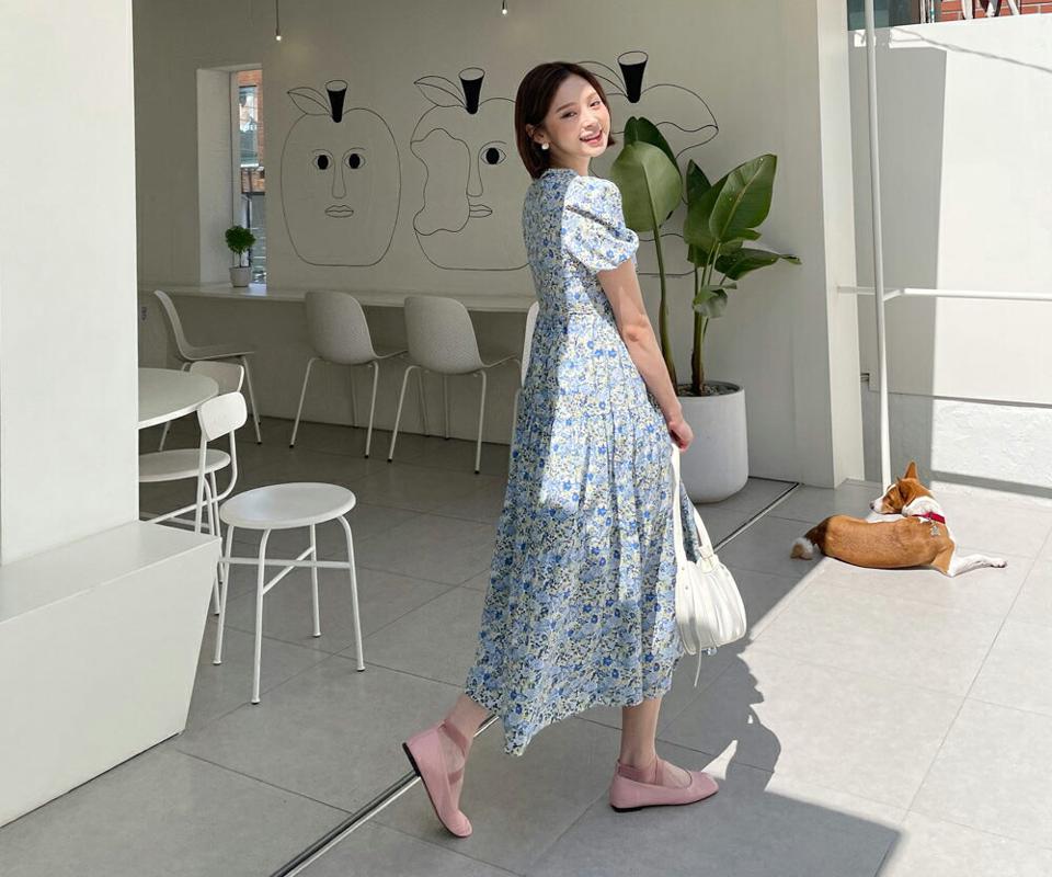 【全品10%OFF】ベルト付フローラルロングワンピース・全2色・b57226 レディース 【ops】【韓国 ファッション ワンピース ロング ロングワンピース 半袖 ラウンドネック ベルトセット 花柄 フラワー パターン 小花柄 フレア ゴム 夏 春】