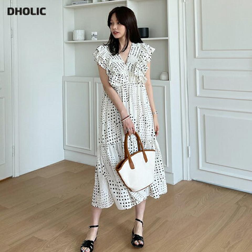 Vネックドットフリルワンピース・全3色・b67952 レディース 【ops】 ワンピース ロング ロングワンピース ドット柄 フリル Vネック ショートスリーブ キャップスリーブ ガーリー 可愛い かわいい 春 夏 韓国 ファッション ハイホリHIHOLLI